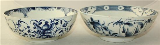 Two Worcester blue and white bowls, c.1780-5, 19.5cm, shallow rim chips